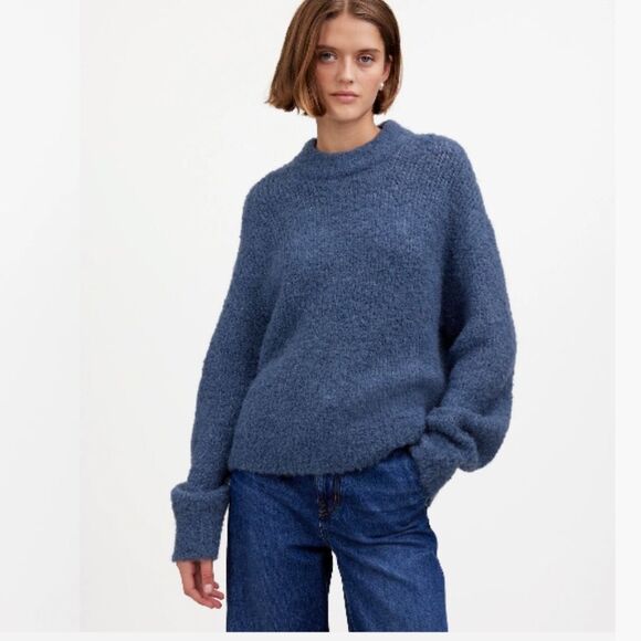 Madewell Wool-Alpaca Blend Bouclé-Knit Oversized Sweater in Blue XS Cozy Coastal - Picture 1 of 13